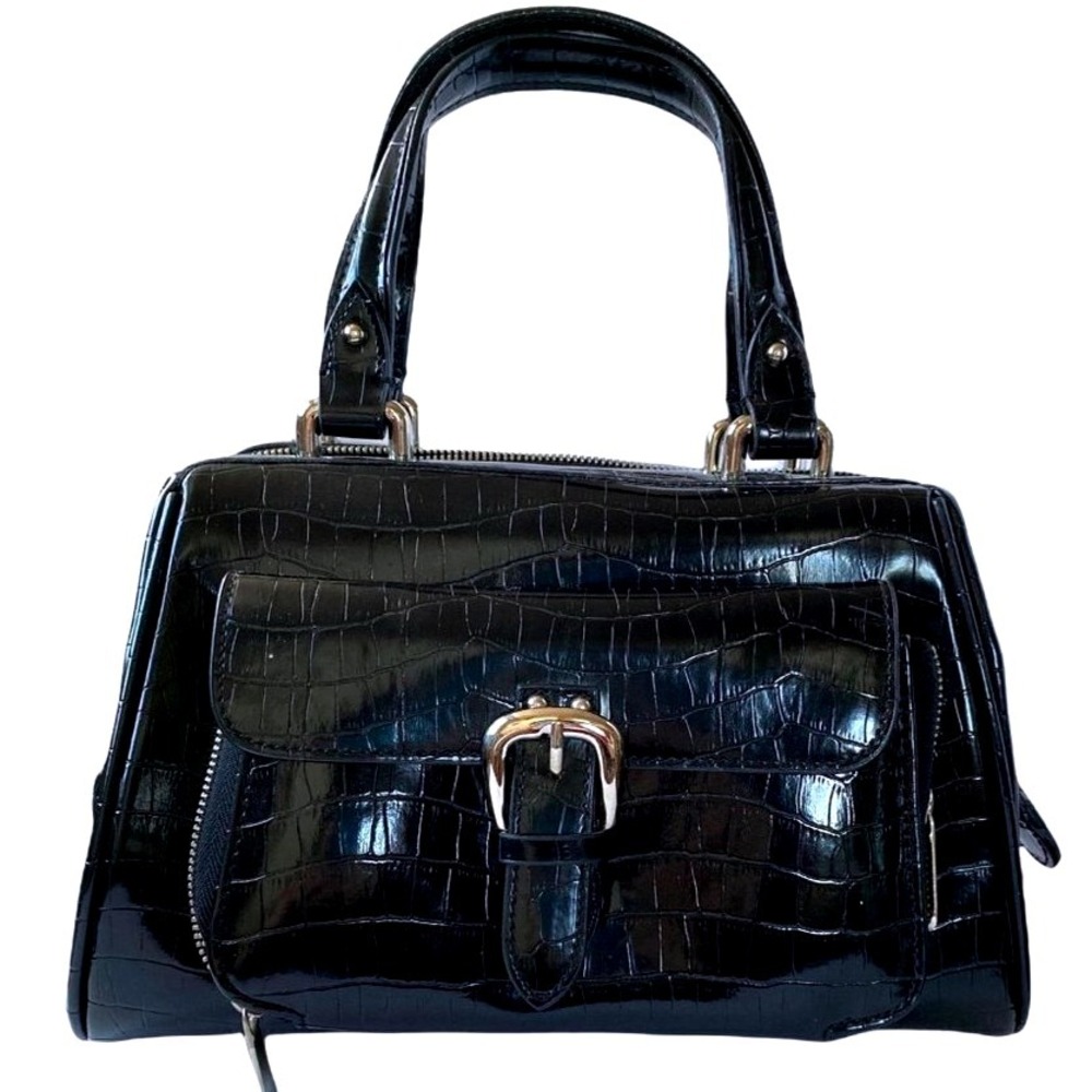 Black Croc Embossed Buckle Satchel Handbag Structured Top Handle Bag‎